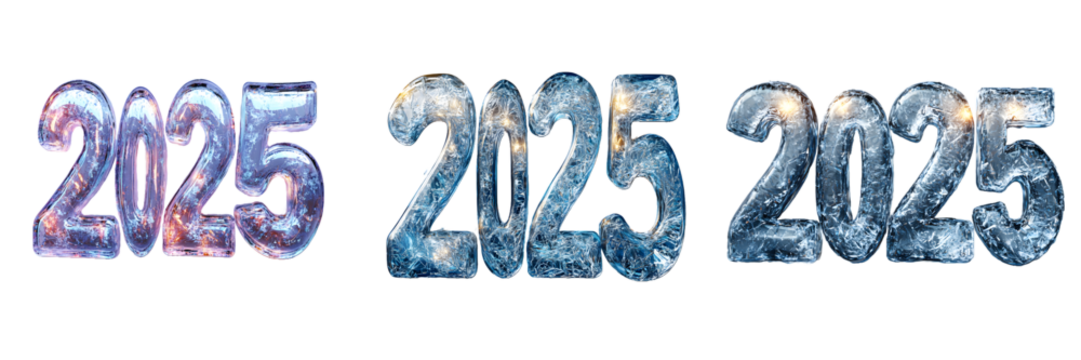 025 numerals sculpted in crystal ice with frosted textures and glowing effects isolated on a white background, png