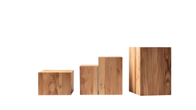 Minimalist flat wooden podiums for product display, showcasing a natural and rustic texture, isolated on a transparent or white background.
