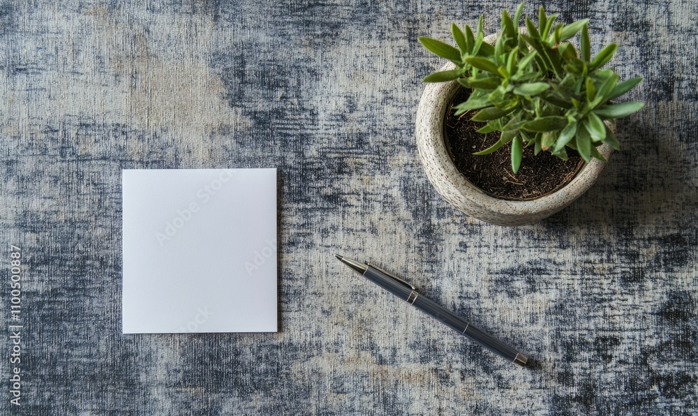 Aufkleber a blank card and a pen placed on a textured surface next to a small potted plant, creating a minimal