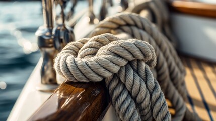 A close-up of a sailing rope with a focus on the weave and knots, outdoor setting on a sailboat deck, Nautical style