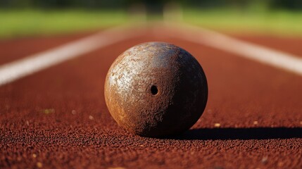 A close-up of a shot put with a focus on the metal surface and grip area, outdoor setting on a track and field ground, Traditional style