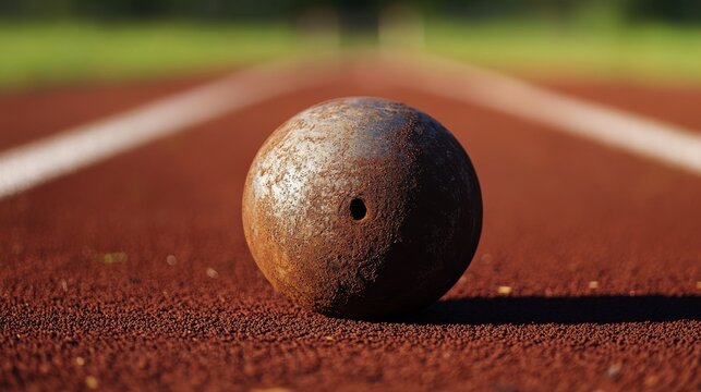A close-up of a shot put with a focus on the metal surface and grip area, outdoor setting on a track and field ground, Traditional style