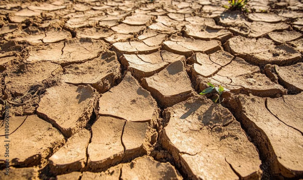 Poster a close-up view of cracked dry soil, showcasing patterns and textures indicative of drought or arid 