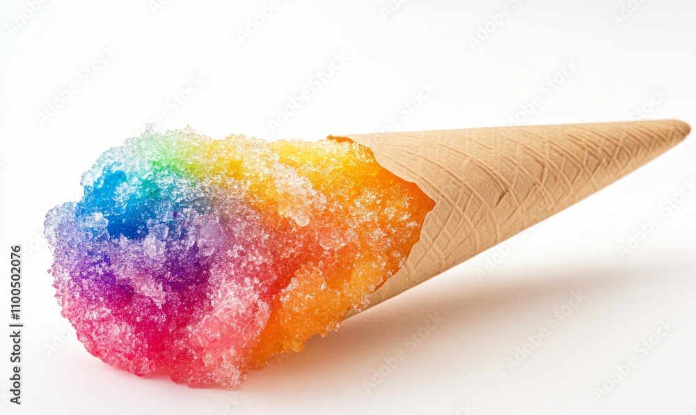 Poster a colorful and frosty snow cone in a paper cone isolated on a white background showcasing its bright