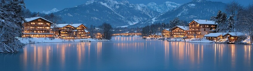 Fototapeta premium Enchanted Winter Wonderland: A Fairy Tale Snow Village by the Lake in the Evening