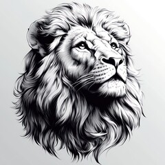 Obraz premium A detailed black and white illustration of a lion's head, showcasing its majestic features.
