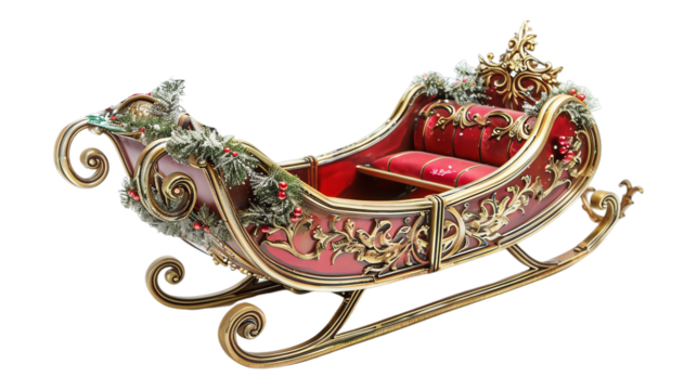 Christmas red sleigh with gold trim and a gold top on transparent background. - Powered by Adobe