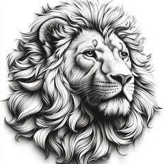 Obraz premium A detailed black and white illustration of a lion's head, showcasing its majestic mane.