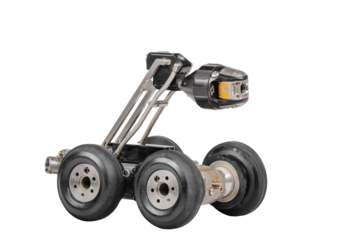  A side view of a wheeled inspection robot with a mounted camera, designed for industrial diagnostics, isolated on a white background.