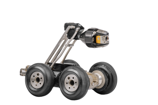  A side view of a wheeled inspection robot with a mounted camera, designed for industrial diagnostics, isolated on a white background.