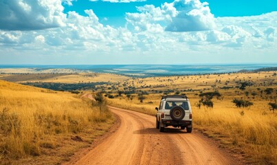 A 4x4 vehicle driving on a dirt road in a savanna landscape