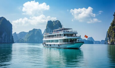 A cruise boat sails through the crystal-clear waters of Ha Long Bay, Vietnam, with towering limestone cliffs in the background