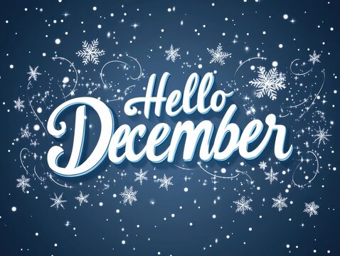 Hello new priority letter, Hand-lettered logo with text "Hello December" for the month of March, in blue color on a blue background Generative AI