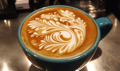 A beautifully crafted latte with intricate art in a blue cup