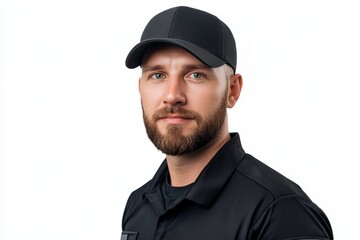 A man with a black hat and beard is wearing a black shirt