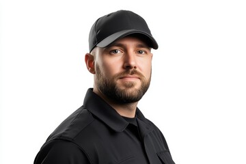 A man wearing a black hat and a black shirt is smiling