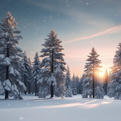 Fototapeta premium A serene winter wonderland with snow-covered trees, a misty forest, diffused warm light, icy blue hues, and gently falling snowflakes, evoking tranquility Generated With AI Image.