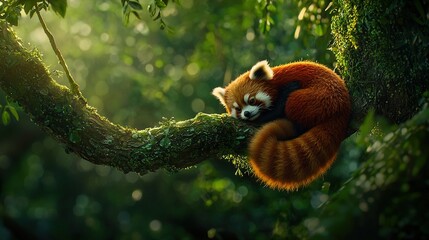 Fototapeta premium Red panda napping on tree branch in green-foliaged forest with sunbeams filtering through leaves