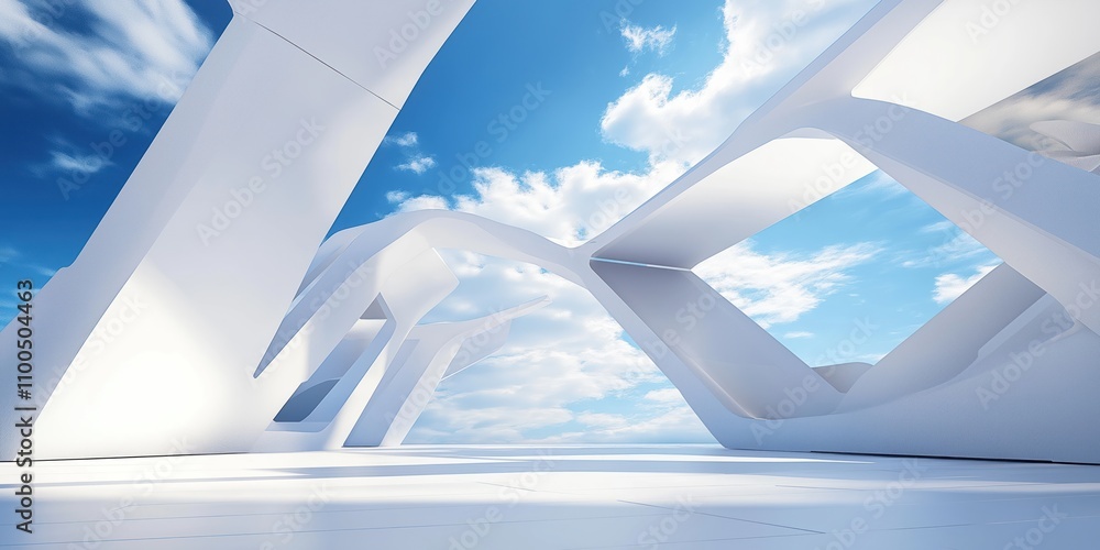 Poster futuristic white architectural structure with geometric shapes, open design. sky with clouds visible