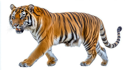 Obraz premium Majestic bengal tiger on white background displaying graceful stride