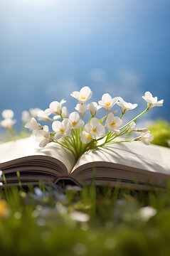 Fototapeta Opened book with growing spring flowers on a meadow with grass growing through the melting snow. Concept of spring coming and winter leaving, education, knowledge and learning.