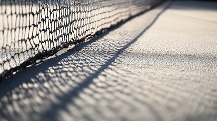 A close-up of a tennis court&rsquo;s surface texture and net post, outdoor setting with late afternoon shadows, Detailed style