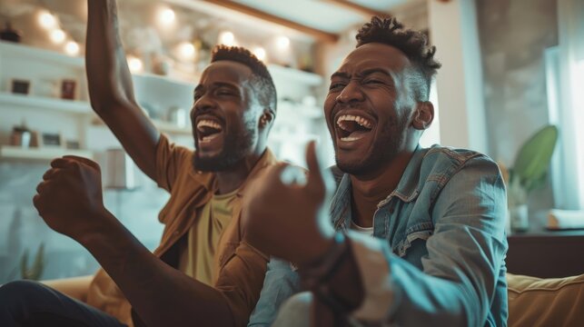 The modern living room buzzes with excitement as two men celebrate together,  radiating joy.