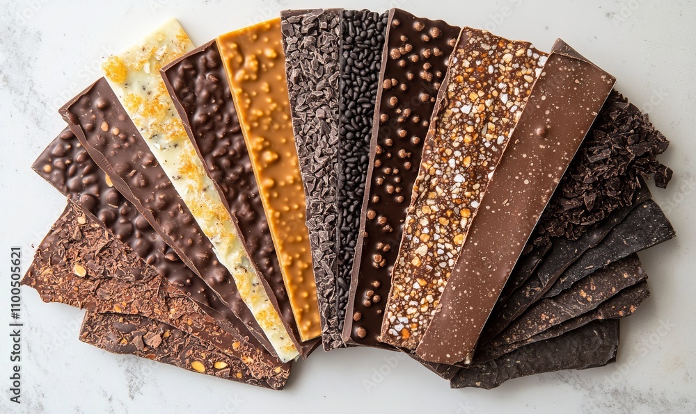 Poster an assortment of chocolate bars with different flavors and textures displayed in a fan-like arrangem