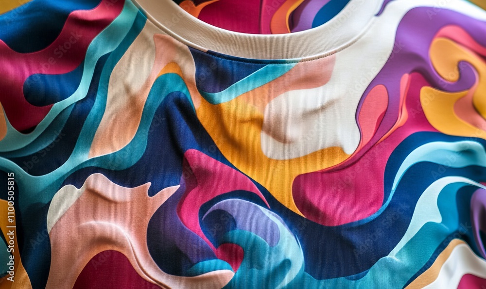 Poster a t-shirt featuring an abstract design of colorful waves creating a dynamic and fluid pattern
