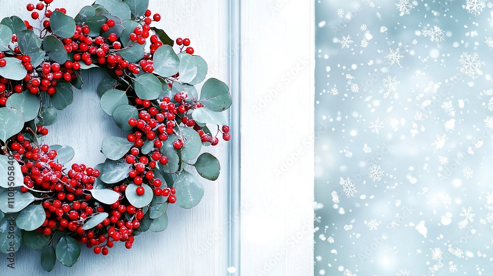 Poster   A close-up of a snowflake on a door with a wreath in the background and another snowflake in the foreground