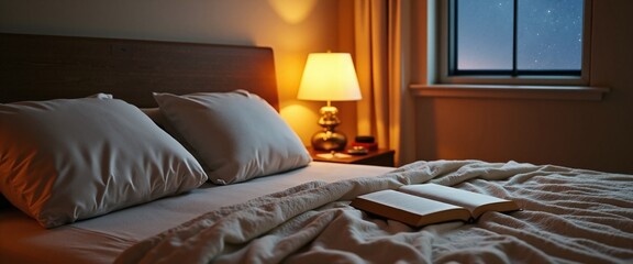 Cozy Bedroom with Warm Lighting and Starry Night View