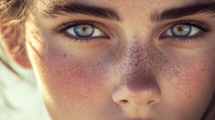 Obraz premium Close-up of young caucasian female with freckles and blue eyes