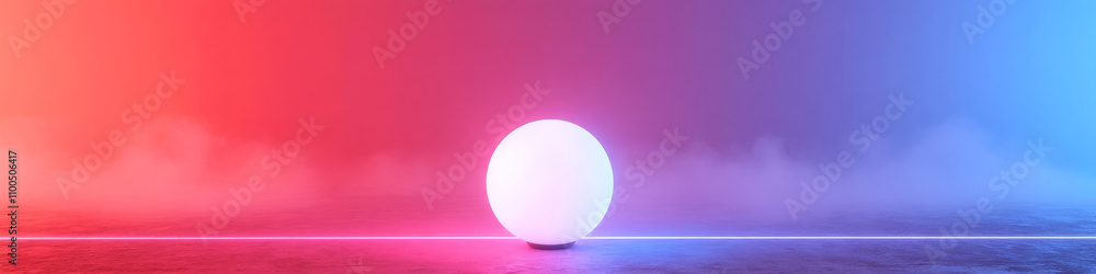 Poster a glowing sphere sits centered on a split red and blue misty background. concept of balance and dual