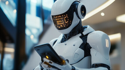 Futuristic android utilizing mobile technology for text messaging, online shopping, social media, and mobile applications