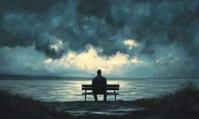 Obraz premium A man sits alone on a bench, looking at the stormy sky over the water
