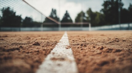 A close-up of a volleyball court's boundary lines and sand texture, outdoor setting with an overcast sky, Clean style