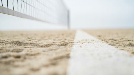 A close-up of a volleyball court&rsquo;s boundary line with a focus on the paint and sand, outdoor setting with overcast sky, Clean style