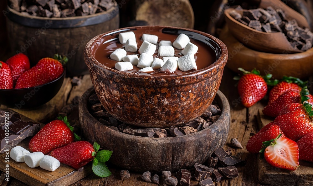 Poster A rustic setup with a pile of cocoa beans chocolate chunks and a chocolate fondue pot in the center surrounded by fresh strawberries and marshmallows