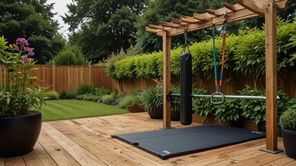 Outdoor gym area with wooden pergola, punching bag, resistance bands, and exercise mat on deck.