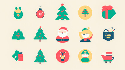 Festive holiday icons featuring christmas trees, santa, and gifts