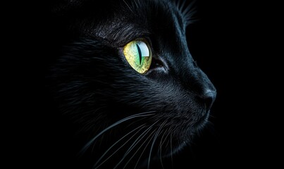 Black cat showing its beautiful green and yellow eye