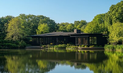 Fototapeta premium A modern black house stands gracefully by a serene lake, surrounded by lush green trees and a clear blue sky