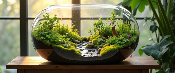 Miniature garden terrarium with lush greenery and water feature against sunlit window