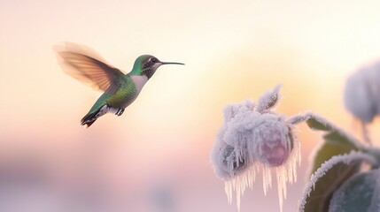 Fototapeta premium A hummingbird flies beside a flower with icicles on its wings, against a pink sky backdrop