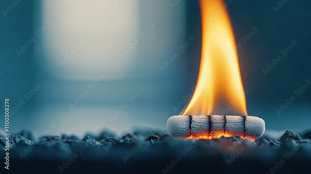 Poster a building with a matchstick placed on top of a pile of rocks
