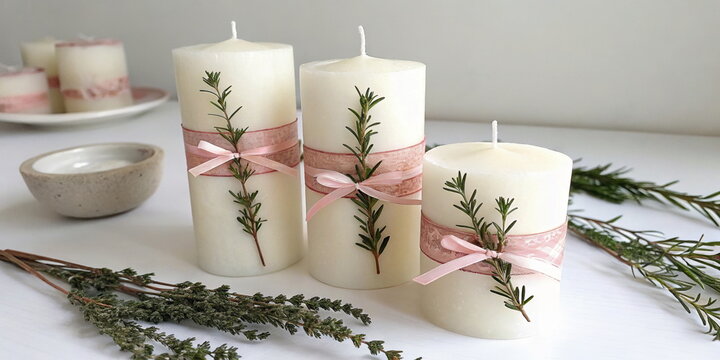 Elegant rosemary-adorned candles with pink ribbons - perfect for wedding decor blogs, spa websites, gift ideas, or DIY craft tutorials