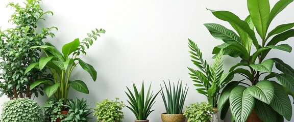 Tropical houseplants in lush green variety against white wall with copy space