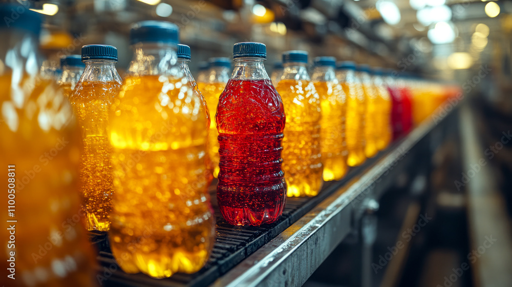 Poster bottled beverage production line with colorful drinks in factory setting