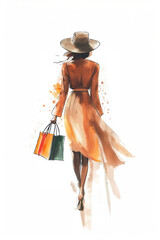 Obraz premium Fashion sketching of female shoppers shopping with shopping bag.