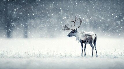   A reindeer in a snowy field with antlers spread and head turned to the side